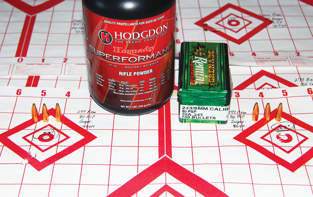 From the 244 Remington/Model 722, the Remington 80-grain PSP assembled two .53-inch groups. The group on the left involved 49 grains of Hodgdon Superformance and 3,298 fps velocity; the group on the right had 50 grains of the same and 3,421 fps velocity.